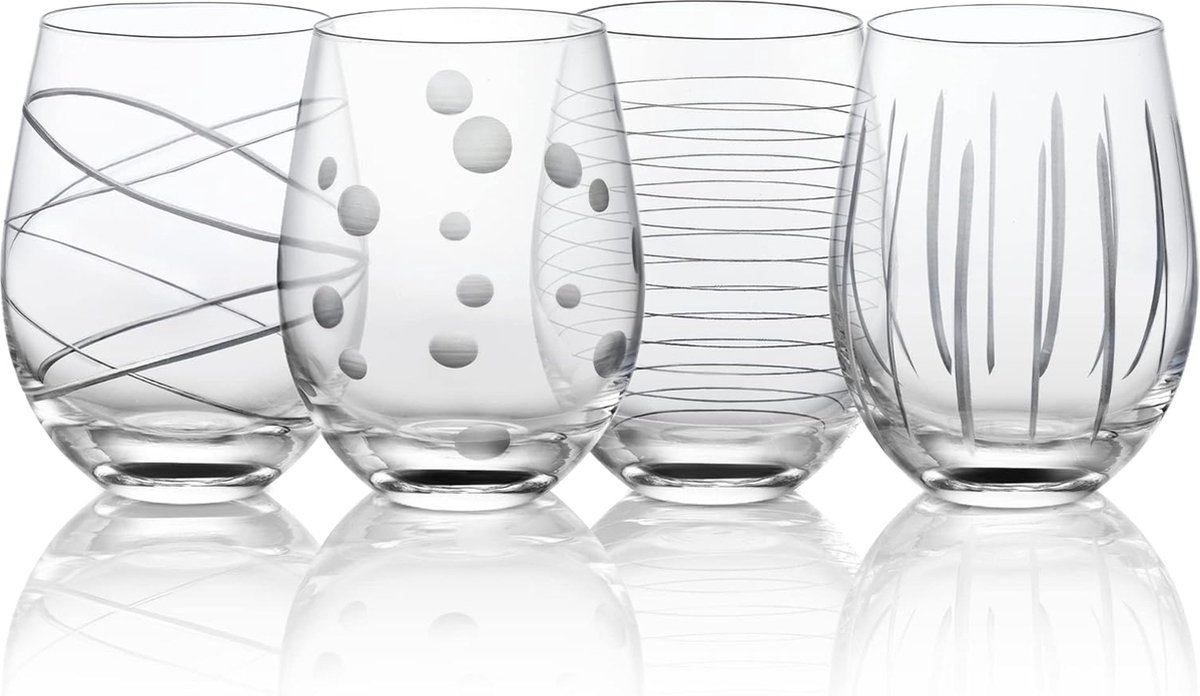 Image of 520 ml gegraveerde wijnglazen zonder steel, set van 4 wijnglazen met lijn, dot-motieven, rode wijnglas voor bars, thuis, restaurant