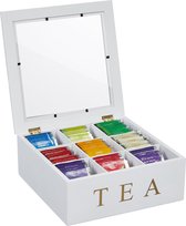 Boîte à thé Relaxdays 9 compartiments - blanc - bambou - organisateur de thé - avec couvercle transparent