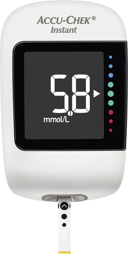 Accu-Chek Instant bloedglucosemeter, wit met zwart display met resultaat 58 mmol/L.
