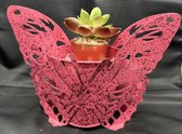 Metalen deco bloempot met vlinder design - roze - hoogte 17 x 24 x dia 9.5 cm - Woonaccessoires - Tuinaccessoires - Tuindecoraties