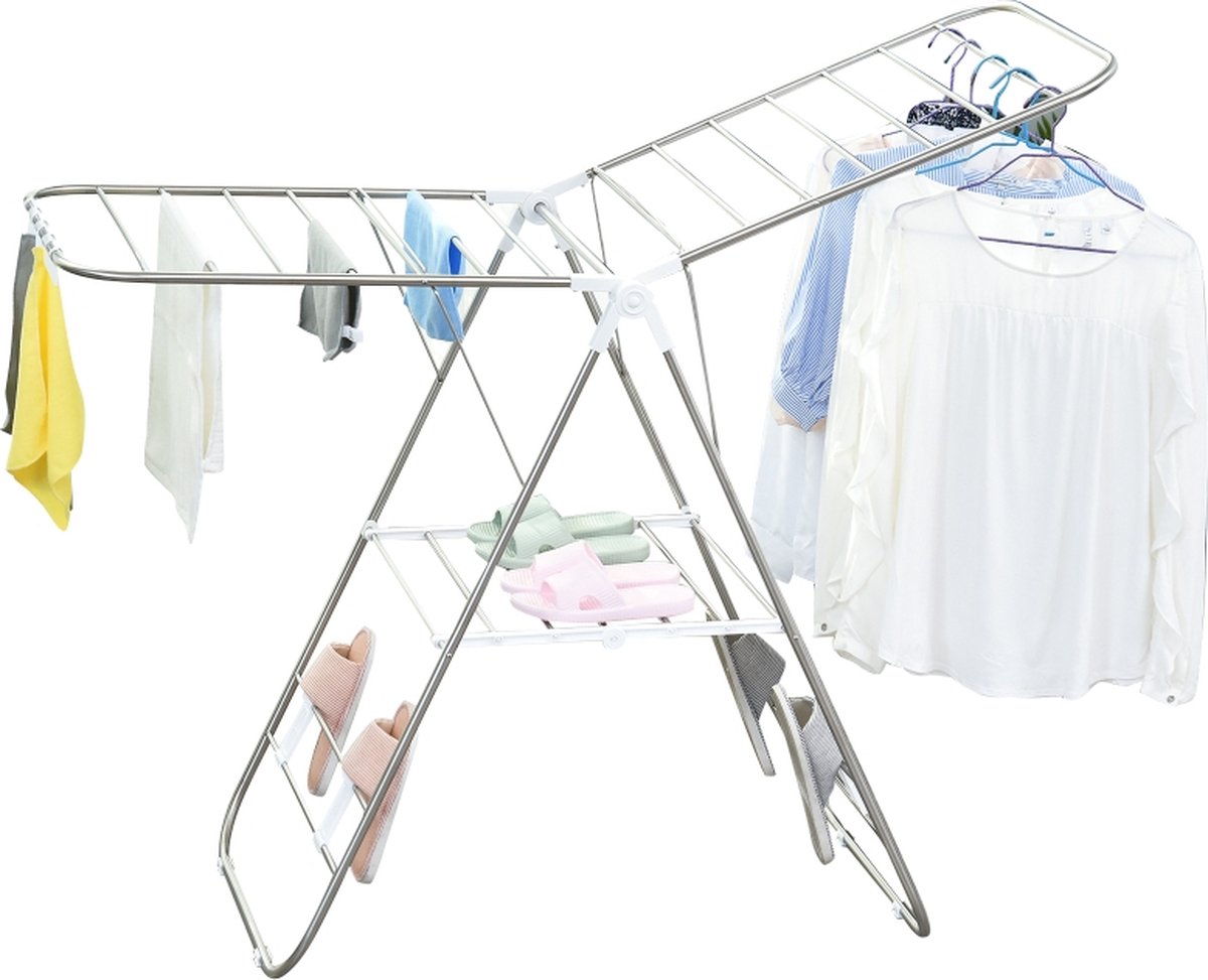 Wasrek inklapbaar - Wasrek staand - 3-Traps vleugel droogrek - Roestvrij staal - 146 x 605 x 98 cm