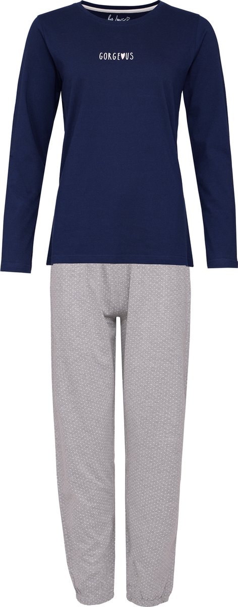 By Louise Dames Pyjama Set Lang Katoen Donkerblauw / Grijs Gestipt