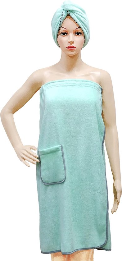 Damesbadhanddoek met klittenbandsluiting en haarhanddoek - sneldrogende microvezel - lichtgroen - one size