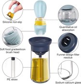 Glazen oliefles met siliconen kwast, 2-in-1 dispenser voor olijfolie, fles voor olie, draagbare grillolieborstel, koken, dessert, bakken, pannenkoeken, gereedschap, olijfolie, honing, azijn, sla, kruidenkwast (blauw)