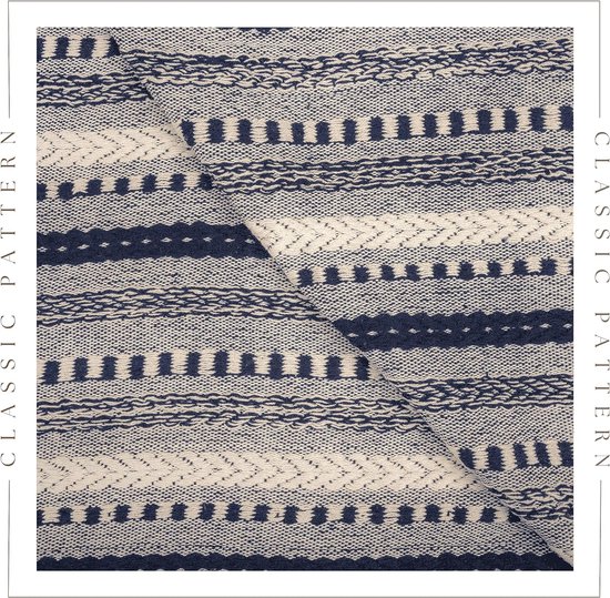 Couverture à carreaux rayés tressés en coton 50 x 60 pouces, couverture douce et confortable bleu marine avec pompons décoratifs pour canapé-lit, chaise, lit, décoration de la maison