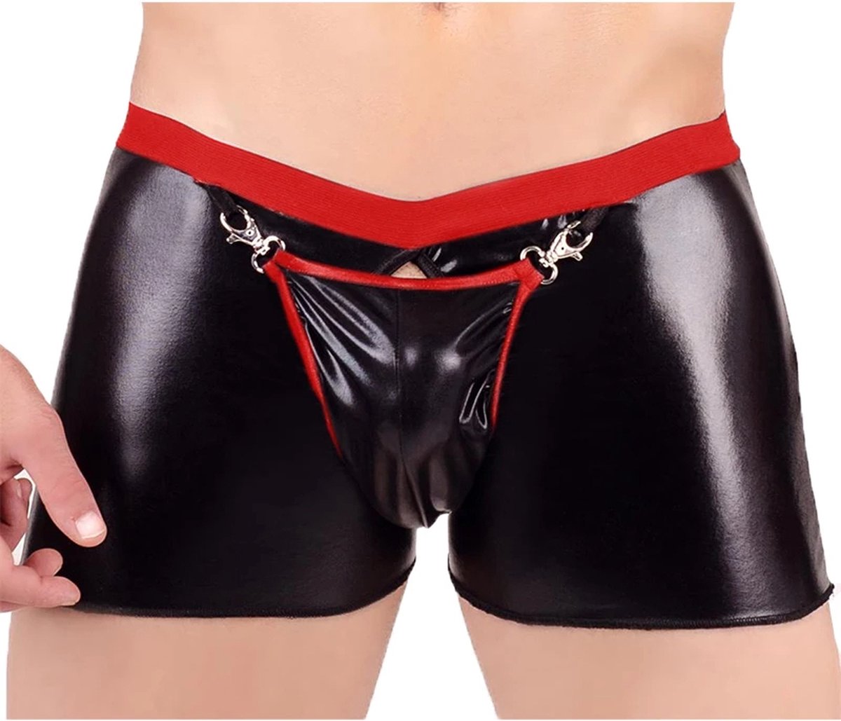 Goedkoopste Boxer-Latex-Heren-Sexy-Erotisch-Slotje-Zwart-open kruis-open billen-Mannen-Goedkoop-Rood-Open butt