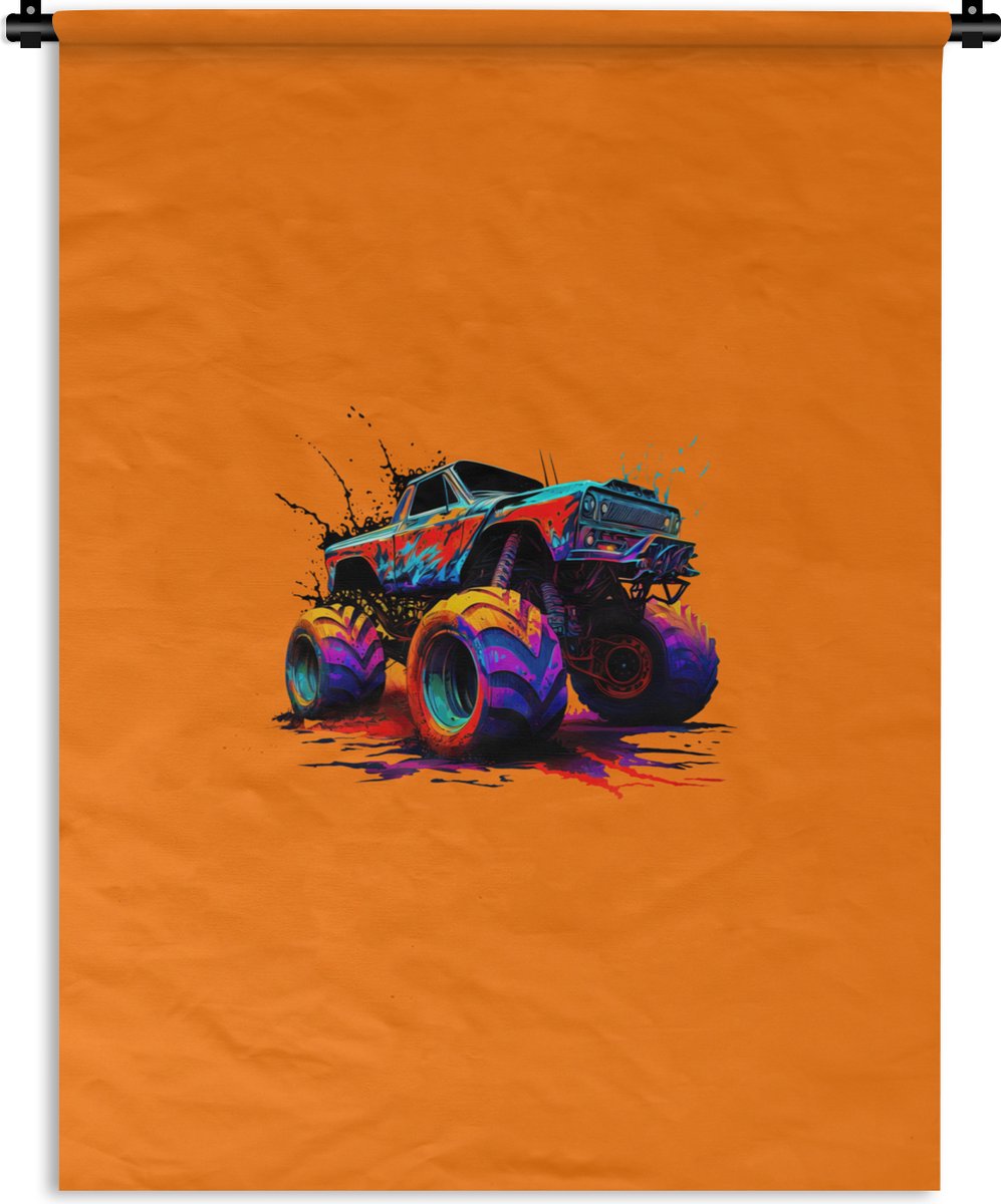 Wandkleed - Wanddoek - Monstertruck - Neon - Verf - Oranje - 90x120 cm - Wandtapijt