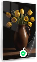 Vaas met gele tulpen poster - Bloemen in vaas muurdecoratie - Poster stilleven - Poster vintage - Poster slaapkamer - Kunst aan de muur - 50 x 70 cm