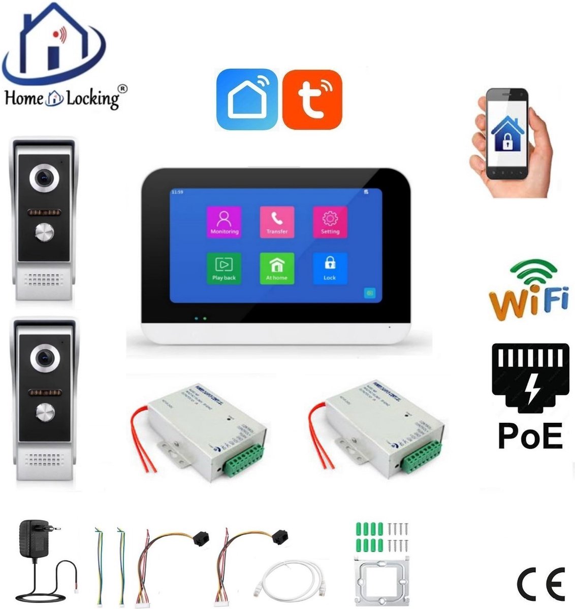 Smart WIFI deur intercom 2 videodeurbellen en 1 touchscreen + 2 x elektrisch deurslotvoedingen. T-2301V-2-1