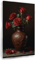 Vaas met rode rozen - Stilleven schilderijen canvas - Schilderij bloemen in vaas - Vintage schilderij - Schilderij op canvas - Wanddecoratie woonkamer - 40 x 60 cm 18mm