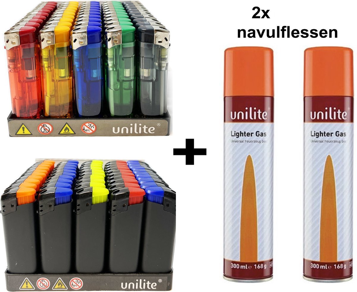 Klik Aanstekers - 100 stuks - Unilite electronic lighter - navulbaar aansteker 2 gasflessen