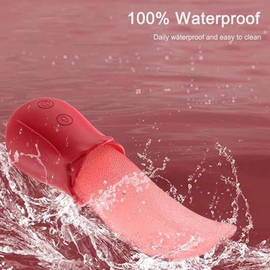 Rode tongvibrator met twee knoppen in het water. Tekst: "100% Waterproof".