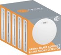 Verpakking van Aroha Smart Connect & Link rookmelders. Vijf witte rookmelders zichtbaar. Wi-Fi logo.