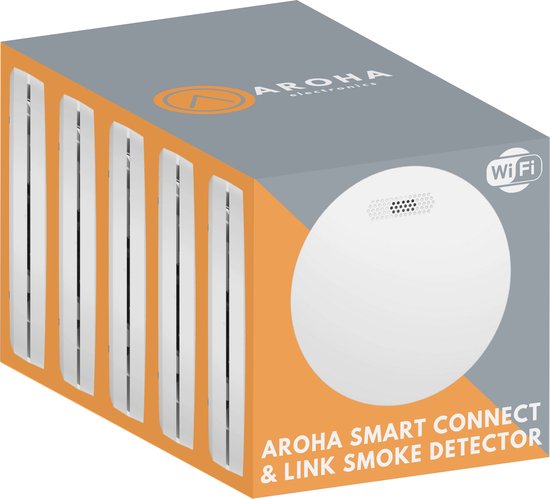 Verpakking van Aroha Smart Connect & Link rookmelders. Vijf witte rookmelders zichtbaar. Wi-Fi logo.