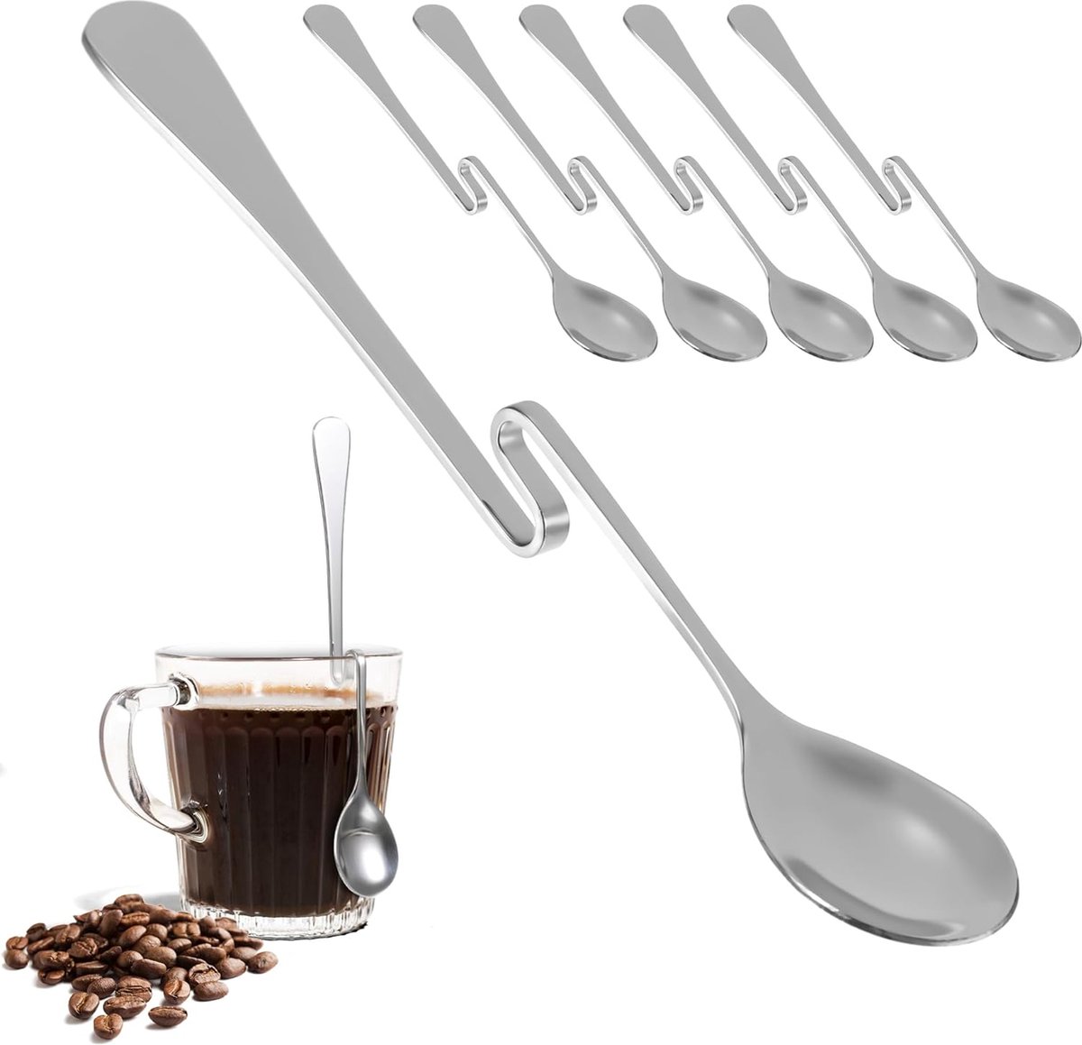 Latte macchiato lepelset, 6 x longdrink lepels met knik (17 cm lang), ijslepel lange koffielepel lang van roestvrij staal, ideaal voor cocktails, milkshake, ijscups, desserts, vaatwasmachinebestendig