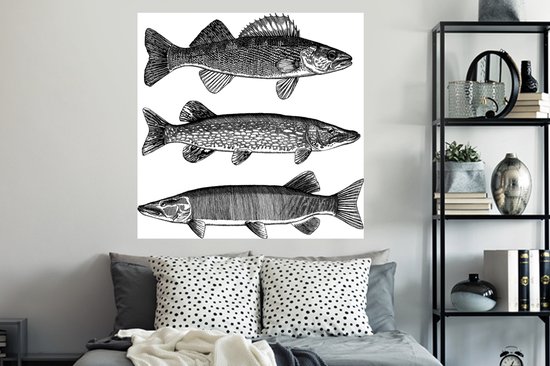 Sticker Muursticker Illustration Pêche - trois poissons - 120x120 cm - film adhésif autocollant - sticker mural repositionnable XXL /