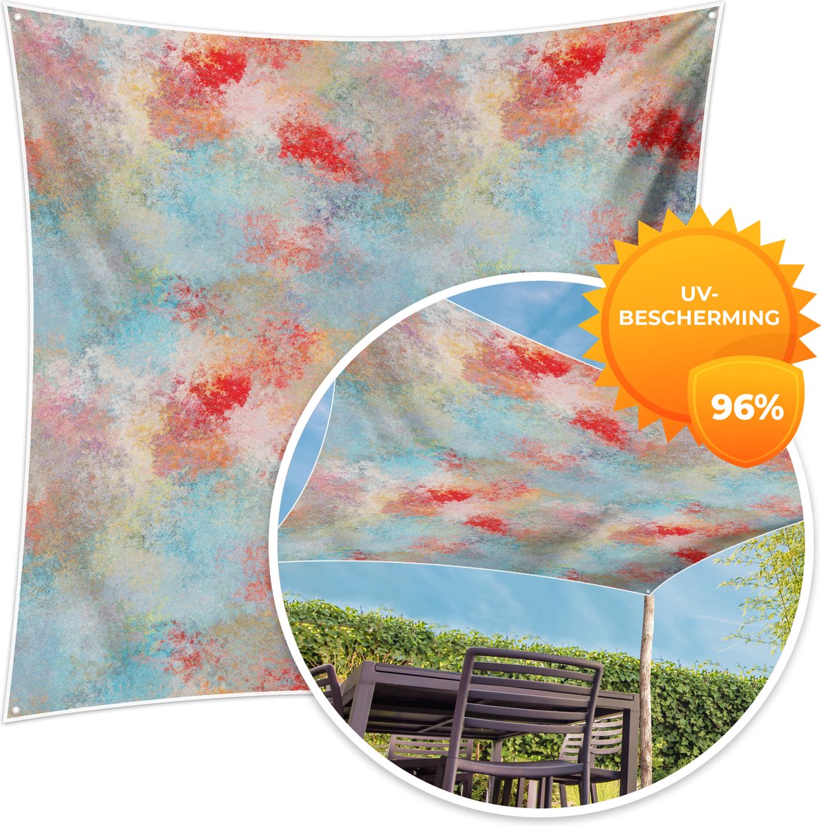 MuchoWow® - Schaduwdoek - Blauw - Rood - Verf - Patroon - 96% UV-bestendig - Hoogwaardig polyester - Zonnedoek - Weerbestendig - Tuin - Tarp - 300x300 cm