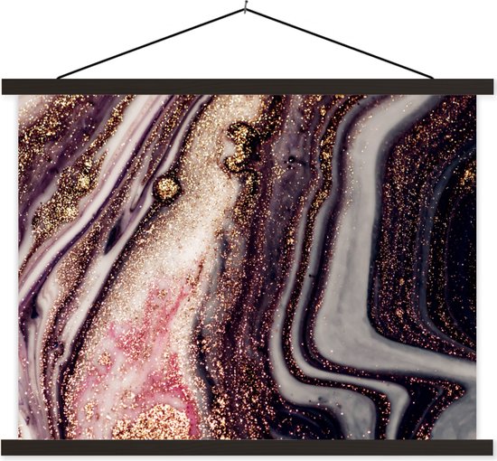 Posterhanger incl. Poster 60x45 cm - Schoolplaat - Marmer - Roze - Goud - Glitter - Marmerlook - Textielposter - Zwarte latten