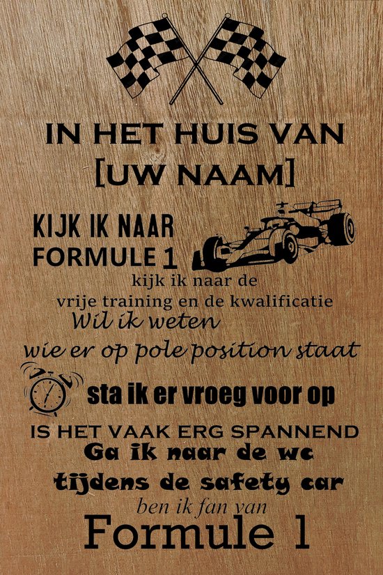 Formule 1 wandbord 20 x 30cm gepersonaliseerd met uw eigen naam - In dit huis ben ik fan van - Max Verstappen - FIA race