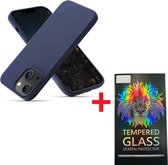 Solid hoesje Soft Touch Liquid Silicone + 1X Screenprotector Tempered Glass - Geschikt voor: iPhone 14 - Middernachtblauw