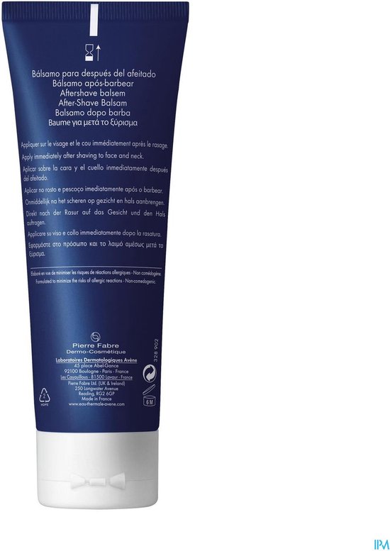 Achterkant van een donkerblauwe tube met instructies in meerdere talen en merklogo's.