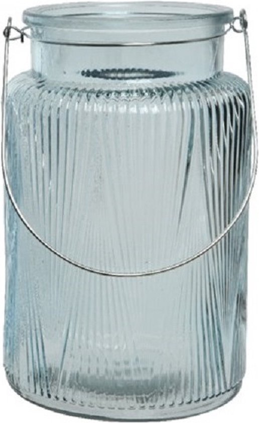 Decoris Windlicht - glas - ijsblauw - transparant - kaarshouder - 22 cm