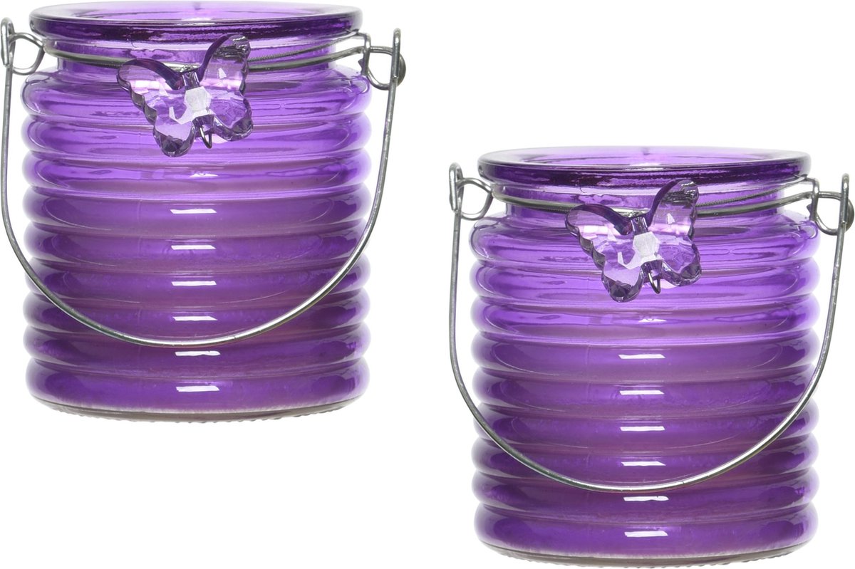 Decoris Citronella windlicht met kaars - 5x - paars - 20 branduren - citrusgeur