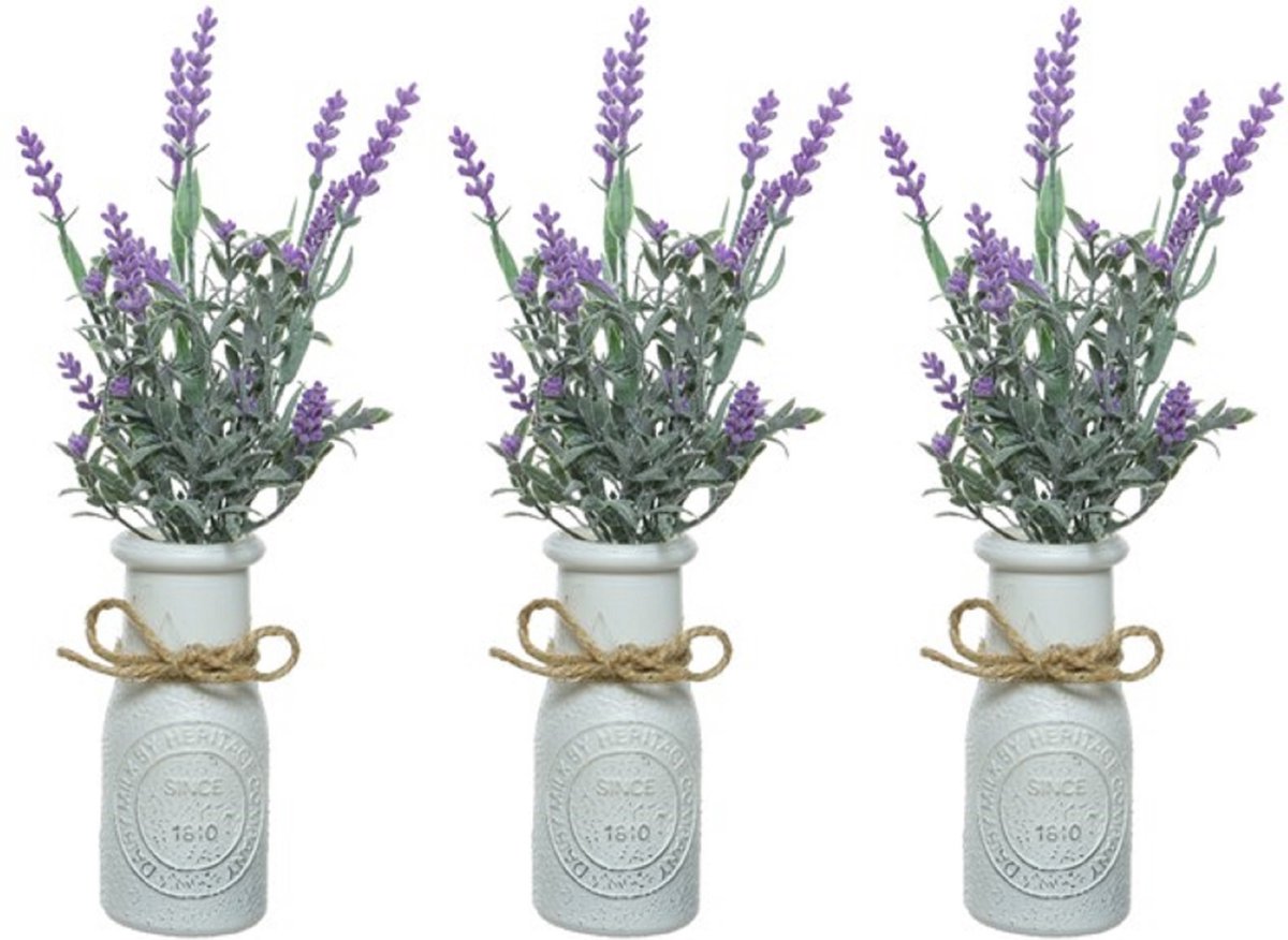 Decoris Lavendel kunstplant - 10x stuks - in witte pot - lila paars - H32 cm - lavandula