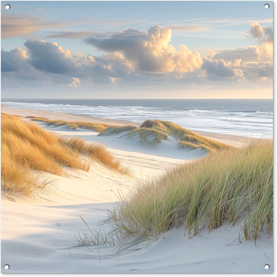 Tuinposter strand - Tuindecoratie duinen - 100x100 cm - Natuur poster voor in de tuin - Buiten decoratie - Schutting tuinschilderij - Tuindoek muurdecoratie - Wanddecoratie balkondoek