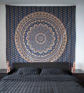 Groot Wandkleed - 210x230 - wanddoek - Blauw/Goud - mandala - muurdecoratie -Duurzaam katoen