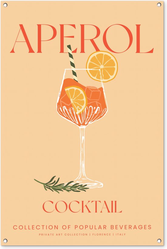 Tuinposter 80x120 cm - Cocktail - Aperol - Oranje - Vintage - Tuindecoratie voor buiten - Schutting decoratie - Tuin - Beach bar - Apres ski accessoires - Tuindoek - Buitenposter