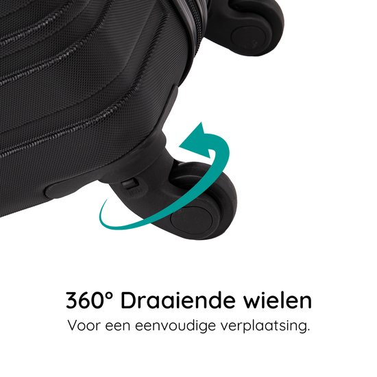 Close-up van de 360° draaiende wielen van een zwarte koffer, met pijlen die de beweging aangeven en de tekst '360° Draaiende wielen Voor een eenvoudige verplaatsing'.