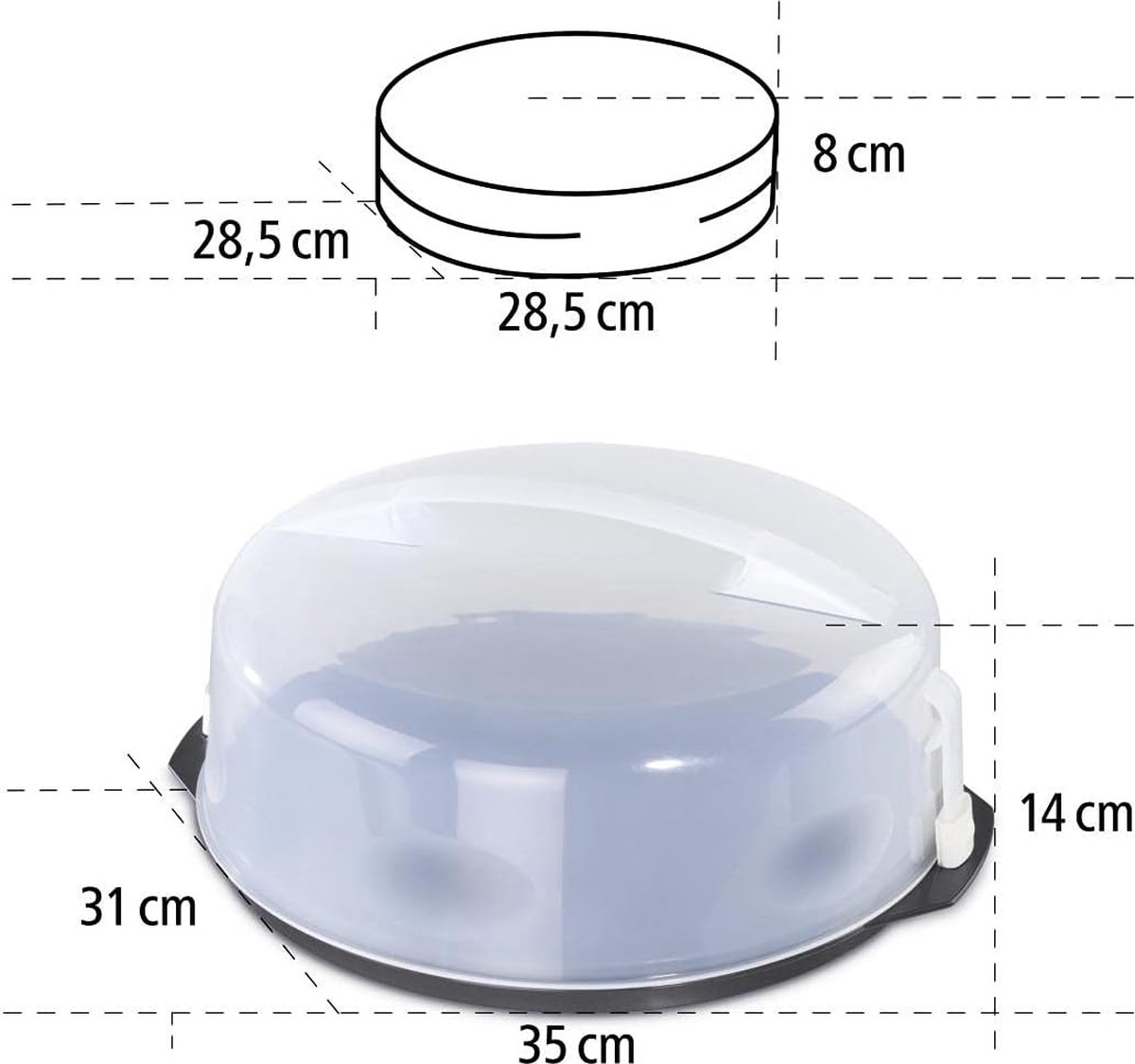 Caketransportdoos rond met deksel (cakevorm Ø 28 5 cm binnenhoogte 8 cm cakedoos met verdeelhulp afzuigkap en serveervakken party en cakebutler) antraciet cakeschaal