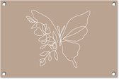 Tuinposter 60x40 cm - Tuindecoratie - Line Art - Vlinder - Bloemen - Vlinders - Taupe - Muurdecoratie voor buiten - Schutting decoratie - Tuin accessoires - Tuindoek - Buitenposter