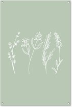 Tuinposter 80x120 cm - Tuindecoratie - Line Art - Bloemen - Natuur - Mintgroen - Muurdecoratie voor buiten - Schutting decoratie - Tuin accessoires - Tuindoek - Buitenposter