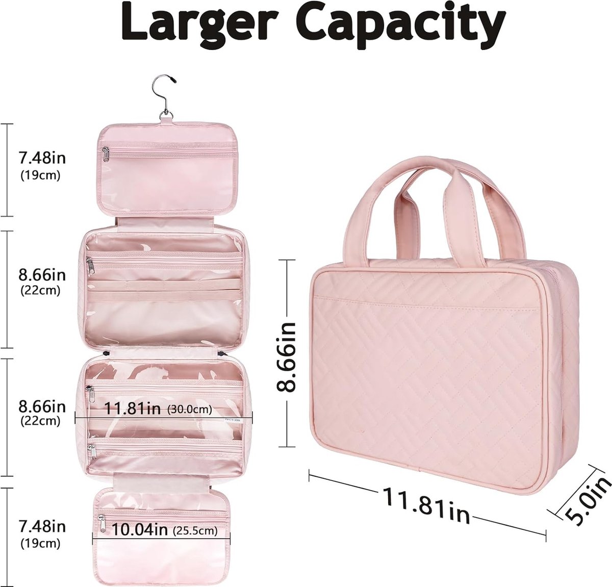 Toilettas voor dames, 360° draaibare waszak met haak, grote toilettas om op te hangen, waterafstotend, make-uptas, tasorganizer (make-up, reisformaat, Essentials), roze, dames