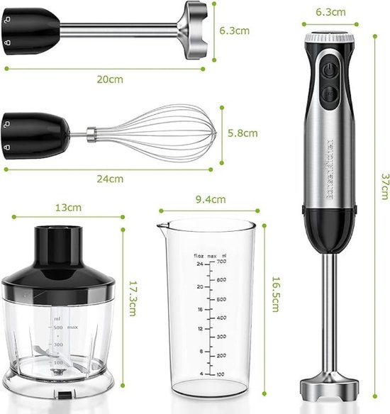 Staafmixer Elektrisch - Set - 4 in 1 - Inclusief Hakmolen, Garde, Blender, 700 ml Maatbeker, Pureerstaaf - 20 Traploze Snelheden - 1000W - Roestvrij Staal - Zwart van Thuys — afbeelding 5