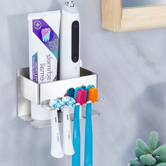 Wandgemonteerde tandenborstelhouder, multifunctionele elektrische tandenborstelhouder, tandenborstelhouder zonder boren, zelfklevende tandpastahouder, bekerhouder voor badkamer, goud