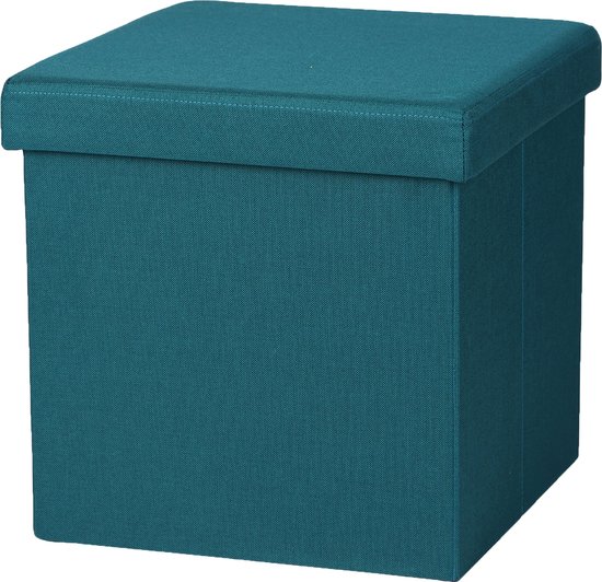 Banc Urban Living Hocker - pouf 1 place - coffre de rangement - bleu mer - polyester/MDF - 38 x 38 cm - pliable