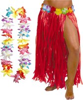 Hawaii verkleed hoela rokje en bloemenkrans met led - volwassenen - rood - tropisch themafeest