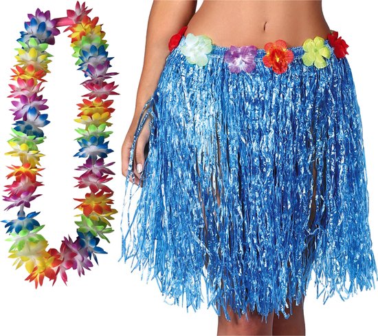 Toppers in concert - Hawaii verkleed hoela rokje en bloemenkrans met led - volwassenen - blauw - tropisch themafeest