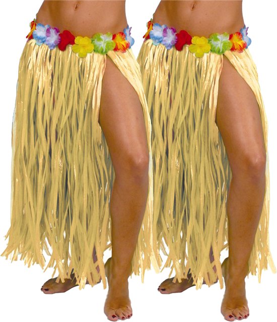 Fiestas Guirca Hawaii verkleed rokje - 2x - voor volwassenen - naturel - 75cm - hoela rok - tropisch