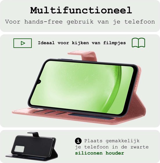 Roze telefoonhoesje met standaardfunctie voor handsfree kijken, telefoon in zwarte siliconen houder.