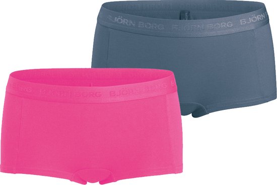 Twee minishorts van Björn Borg, één roze en één grijs, met elastische tailleband met logo.