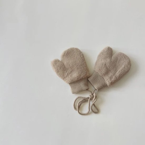 Ychee - Unisex Kinder handschoenen - Wanten met Koord - Winter - Pluche - Outdoor - 1-4 jaar - Beige