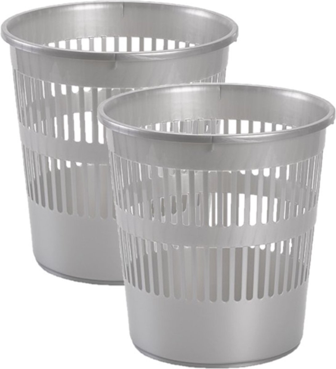Goedkoopste 2x stuks afvalbakken/vuilnisbakken plastic zilver/grijs 28 cm - Vuilnisbak/prullenbakken/papiermand - Kantoor/keuken/slaapkamer