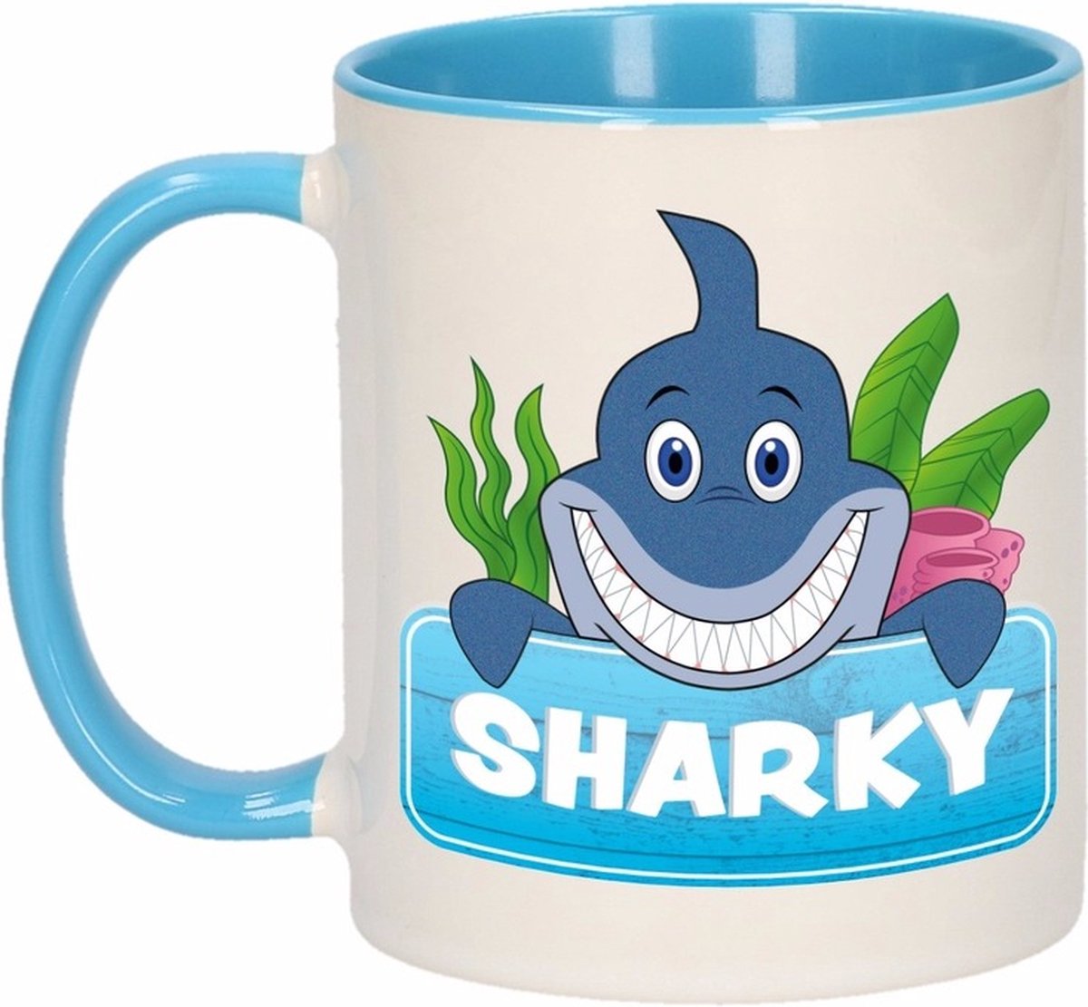 Sharky mok - blauw/wit - keramiek - 300 ml - kinder beker haai