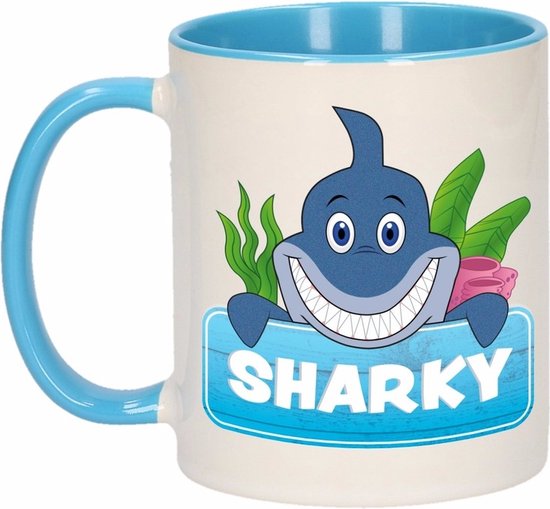 1x Sharky beker / mok - blauw met wit - 300 ml keramiek - haaien bekers