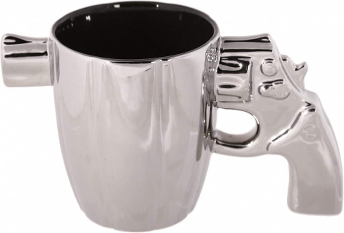 Mok pistool - met loper - zilver - cadeau mok - revolver - koffiemok - theemok
