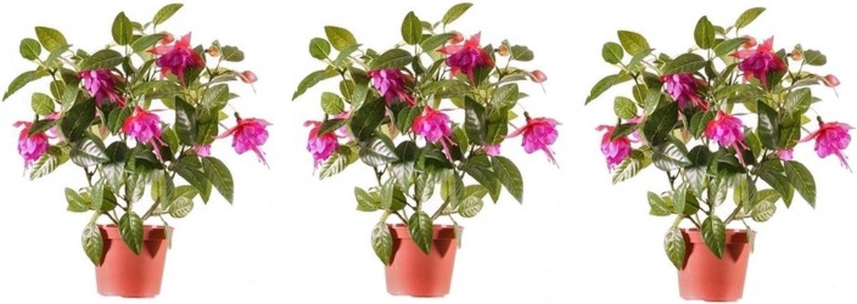 Bellatio flowers & plants kunstplant met bloemen - 3x - fuchsia roze - 30 cm - binnen